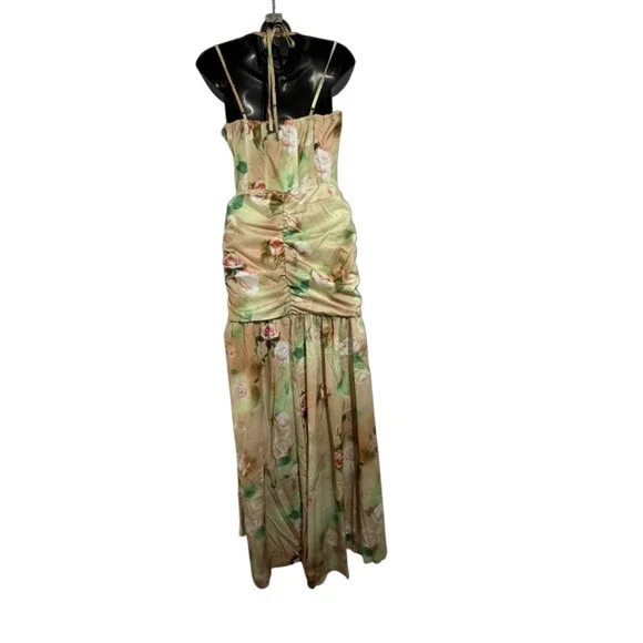 Floral Ruched Bustier Corset Dress Maxi Yellow Green Rose Print Evening Formal - Picture 2 of 3